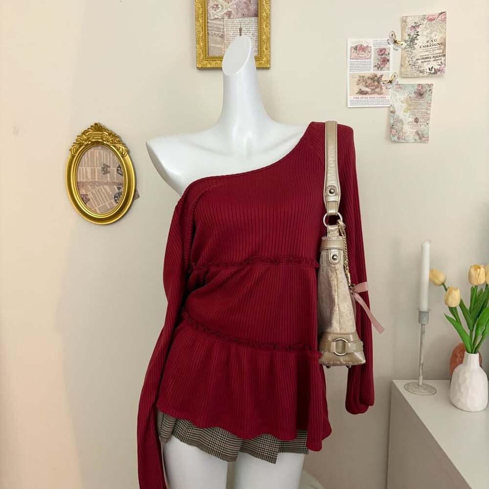 Lauren Conrad One Shoulder Top Size M Red Textured Ribbed Peplum Ruffle